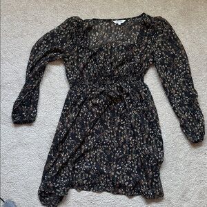 Amaryllis Black Floral Mini Dress with Tan and Olive Accents